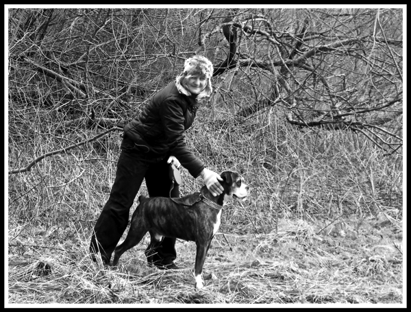 A framed black and white photo of Sarah leaning over Bruce the obexer dog who is ready for sarah to take off his lead