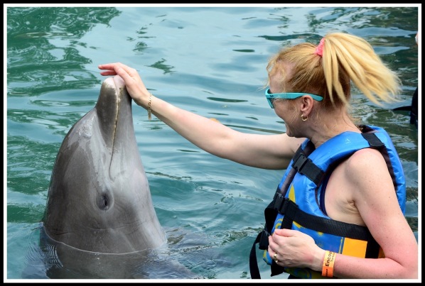 Sarah on the right touching the dolphins nose