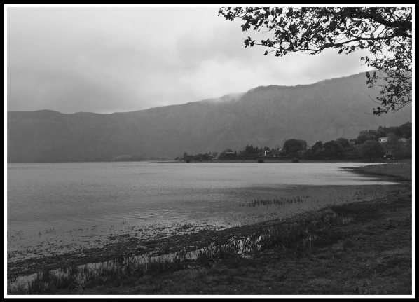 A black and white photo of a lake in Sao Miguel