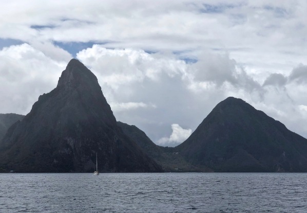 view of the Pitons from our boat