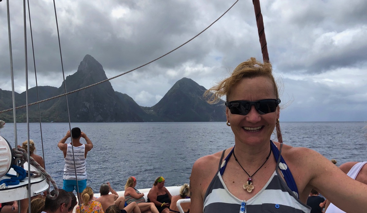 View from our boat of the Pitons with Sarah in front